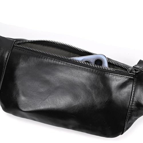 Genuine Leather Fanny Pack for Women & Men, Crossbody Waist Pack with Adjustable Strap, Hiking Hip Bum Belt for Travel, Hiking, Running - color: Black