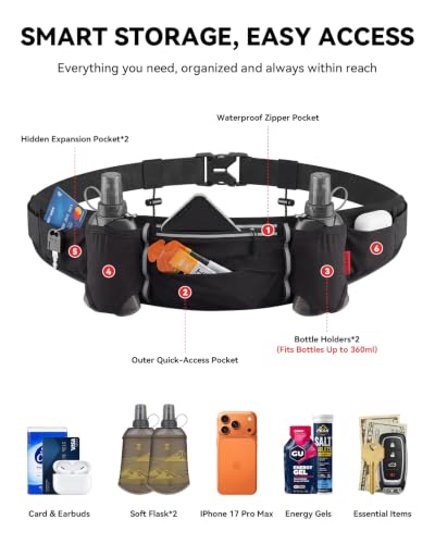 UTOBEST Running Hydration Belt with 2 Soft Flasks, 6-Pocket Waist Pack B5