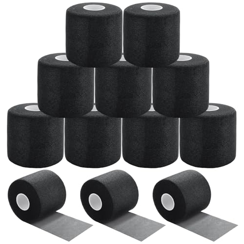12 Pcs Foam Pre Wrap Athletic Tape 2.75" x 30 Yards Black Breathable PU Foam Sports Wraps for Running, Hiking, Hair Protection, Ankle, Wrist & Knee Support Lightweight Pre Wrap Tape
