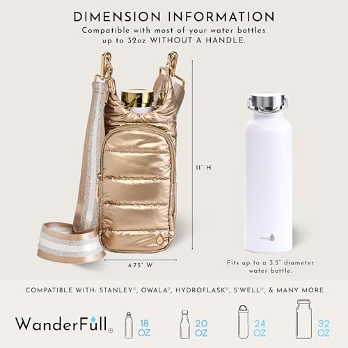 WanderFull Original HydroBag Crossbody Water Bottle Holder with Phone Pocket, Fits Water Bottles up to 32 oz - color: Gold Shiny - Striped Strap