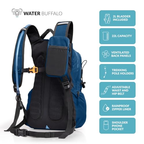Water Buffalo Sherpa 22L Hiking Hydration Backpack, 2L Bladder - color: Navy Blue