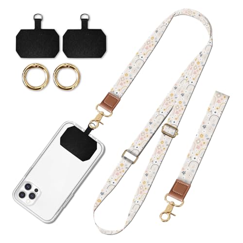 Cell Phone Lanyard Adjustable Crossbody Strap, Cute Phone Neck Wristlet Wrist Strap Patch for Keys Case Accessories - color: Cute Boho Flowers Rainbow