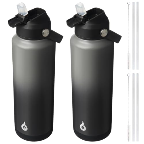 BJPKPK 2 Pack 40oz Insulated Water Bottles with Straw Lids, Stainless Steel - color: 2 X Black Grey, size: 40 Ounces