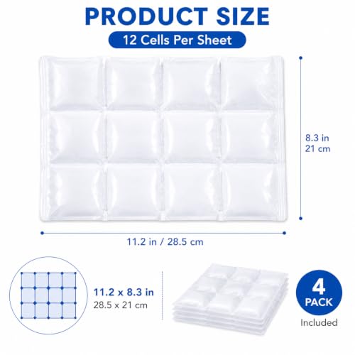 Water Activated Ice Pack Sheets, 4 Pack Reusable Self-Absorbing Freezer Packs, 12-Cell Flexible Gel Ice Packs, 11.2 x 8.3 in, for Coolers, Lunch Bags, Shipping, Cold Compress
