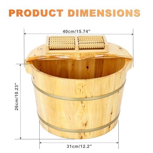 tonchean 15.74in*12.2in*10.23in Wooden Foot Bath Bucket, Thick Insulated Wooden Foot Basin with Massage Roller and Lid Foot Wash Bucket for Foot Bath, Massage, Spa Suitable for All Ages