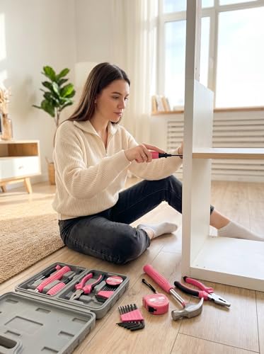 NIVOLT 13Pcs Pink Tool Set for Women, Household Hand Tool Kit with Hard Storage Case for Home Repair, Apartment, Dorm, DIY Projects, Gift for New Homeowners