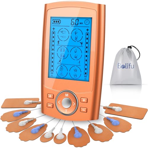 Belifu TENS Unit PMS Massager 24 Modes Muscle Stimulator, Electronic Tens Machine for Neck, Back, Arms & Chronic Pain Relief - color: Orange