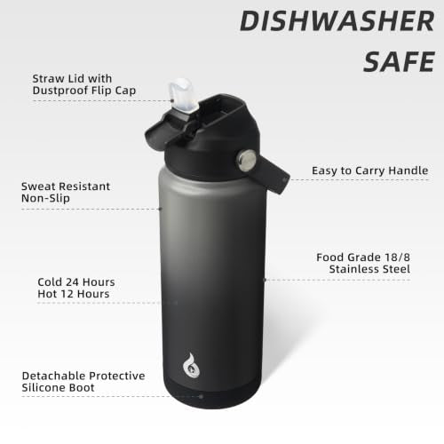 BJPKPK 2 Pack 24oz Insulated Water Bottles with Straw Lids, Stainless Steel - color: 2 X Black Grey, size: 24 Ounces