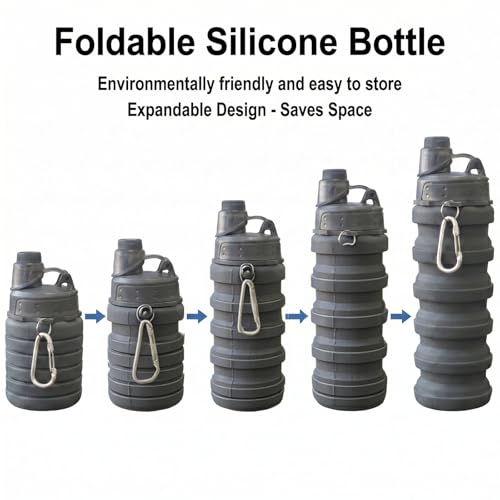 Collapsible Water Bottles Travel water bottle Sports Portable Sport Water Bottle Reusable Water Bottles comes with mountaineering Buckle 500ml silicone Water-proof camping water bottle - color: Purple+Grey, style: 2 pack