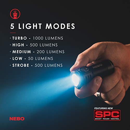 NEBO Torchy Rechargeable Pocket Flashlight | 1,000 Lumens, 5 Light Modes, Magnetic Base & Steel Clip, Water Resistant, LED Mini Flashlight for EDC & Camping, Includes Charging Cable - color: 1000 Lumen-Black
