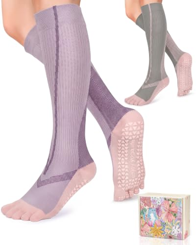 Compression Socks with Grips for Women Toe Pilates Socks Grippy Socks Woman Hospital Non Slip for Pregnancy Nurse - color: A01-Five Toe-Grey/Purple