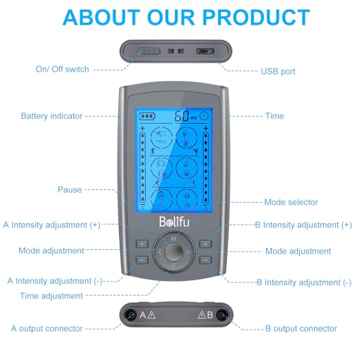 Belifu Dual Channel TENS EMS Unit 24 Modes Muscle Stimulator for Pain Relief Therapy, Electronic Pulse Massager Muscle Massager with 10 Pads, Dust-Proof Drawstring Storage Bag, Fastening Cable Ties - color: Gray