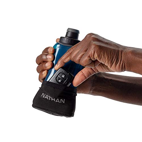 Nathan Running Handheld Water Bottle Adjustable No-Grip Quick Squeeze Lite Hand Strap. Reflective Hydration - color: Black / Marine Blue, style: 12oz