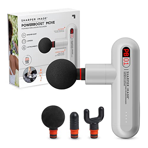 Sharper Image Powerboost Move - Mini Percussion Massage Gun| 4 Attachments, 4 Speeds, FSA Eligible| Full Body Back & Shoulder Massager| Deep Tissue Muscle Recovery| Portable Pain Relief Massage Tool - color: Platinum