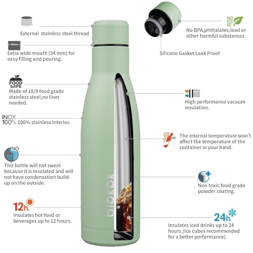 BJPKPK 17oz Skinny Insulated Water Bottle, Stainless Steel Flask - color: Macaron Green, size: 17 Ounces