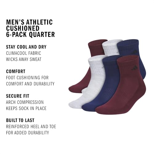 adidas Men's Athletic Cushioned Quarter Ankle Socks 6 Pairs - color: Maroon/Cool Light Heather/Dark Blue, size: Medium