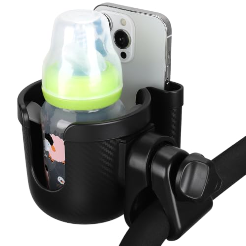 Accmor Stroller Cup Holder with Phone Holder, Bike Cup Holder, Walker Scooter Wheelchair Cup Holder Attachment, Universal Cup Holder for Uppababy Graco Strollers - color: All Black Carbon Fiber Texture