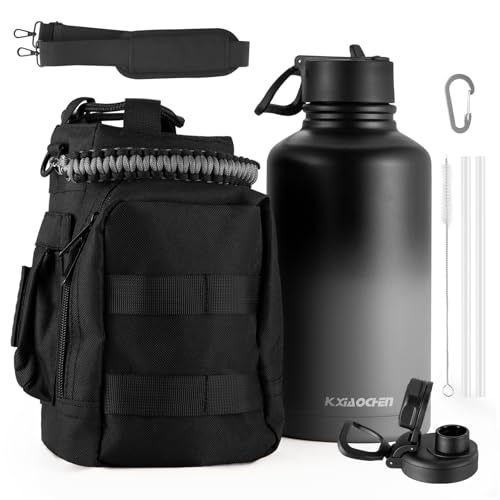 KXIAOCHEN Insulated Water Bottle with Strap, 48-Hour Cold, 2 Lids - color: Black Gray-B, size: 64 Ounces