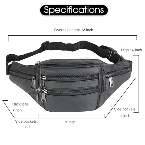 Genuine Cowhide Leather Fanny Pack, Separate Storage 7 Pockets Waist Pack - color: black
