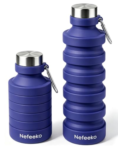Nefeeko Collapsible Water Bottle, 27oz Reuseable BPA Free Silicone Foldable Water Bottles for Travel Gym Camping Hiking, Portable Leak Proof Sports Water Bottle with Carabiner - color: Navy Blue-27oz