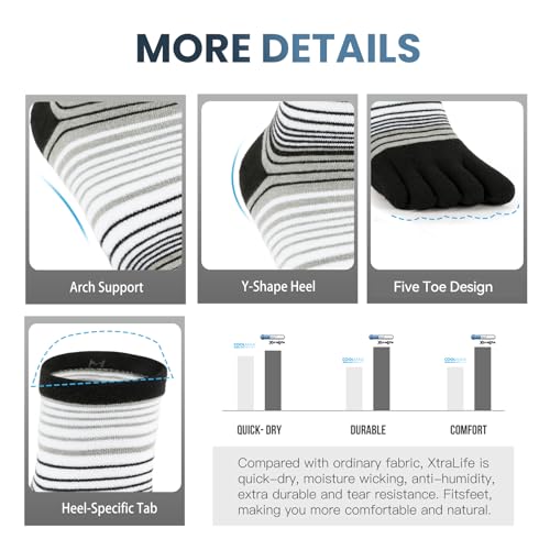 Toe Socks for Men and Women Athletic Running Coolmax Five Finger Ankle/Quarter Socks Breathable Lightweight, 3 Pairs - color: E4109# Striped, size: Medium