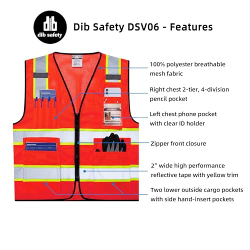 Dib Safety Reflective Safety Vest for Men Women with Pockets, Red Mesh M - color: Red Mesh, size: Medium