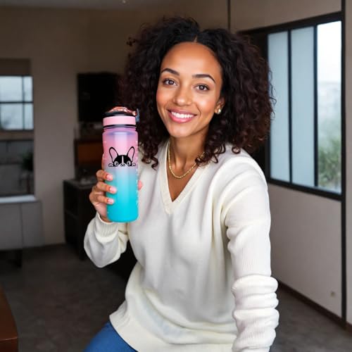 Boston Terrier Water Bottle 32Oz with Time Marker & Straw - color: Boston Terrier - pink blue