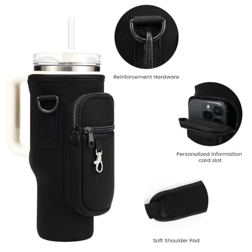 Water Bottle Carrier Bag Holder with Phone Pocket Adjustable Strap for Stanley 30 40oz, Insulated Neoprene Cover Sleeve Sling Crossbody Bag for Walking Camping Hiking Travelling - color: Black-1