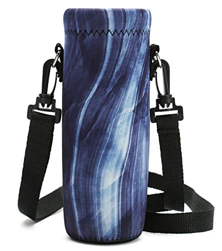 RICHEN Neoprene Water Bottle Carrier Bag with Adjustable Shoulder Strap,Insulated Water Bottle Cover for Stainless Steel/Glass/Plastic Bottles - color: Blue Marble, size: 500ml