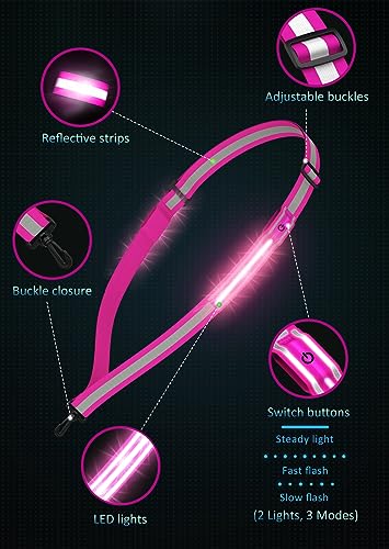 Ylzzrs LED Reflective Belt Sash Walking Gear,Safety Lights for Walkers at Night,High Visibility Safety Rechargeable Reflective Running Gear for Men Women Kids Night Dog Walking Gear - color: Pink
