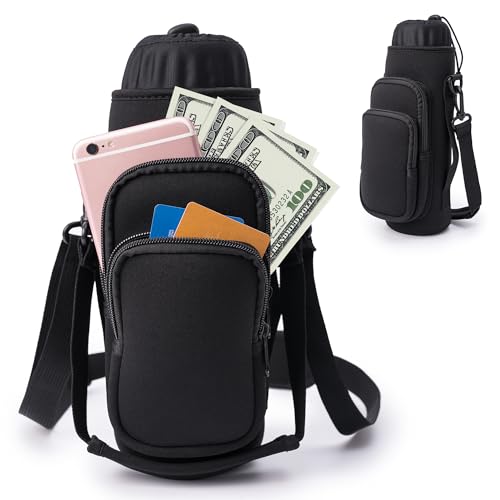linmaya Water Bottle Carrier Bag,Water Bottle Holder with Straps Phone Pockets Fits Stanley IceFlow Owala 16/24/32/40oz Tumbler - color: Black, size: 16-40 Oz wihtout Handle