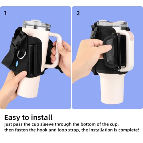 Xxerciz Water Bottle Carrier Pouch with Phone Pocket for Stanley 30 oz Tumbler with Handle, Nylon Water Bottle Holder Pouch with Adjustable Strap for Stanley Cup Accessories, Black