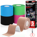 5 Rolls Kinesiology Tape, 5 Colors 2 inch x 16.4 Feet Waterproof Athletic Tape, Uncut Kinetic Tape, Elastic Muscle Tape, Sports Tape, Knee Tape for Exercise and Daily Use - color: Skin Colour, Light Blue, Green, Roseo, Black