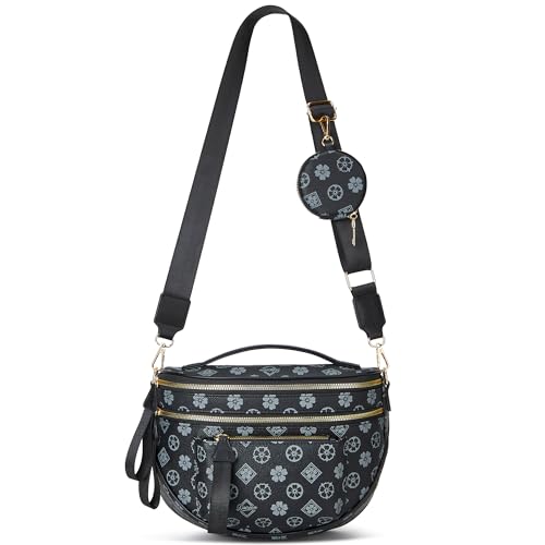 Makes Checkered Crossbody Bag Bum Bag for Women with Pouch - color: Black Flower