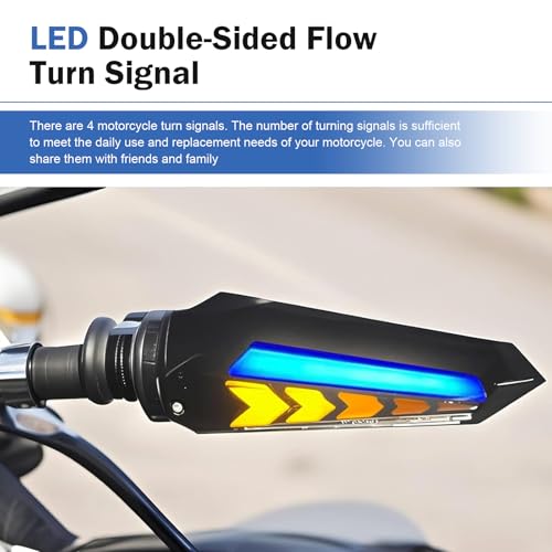 4 PCS Motorcycle Turn Signal Lights, LED Arrow Shape Flowing Turn Signal, 12V Double-Sided Flow Light with Daytime Running Lights, Universal for Most Motorcycles (Blue) - color: White