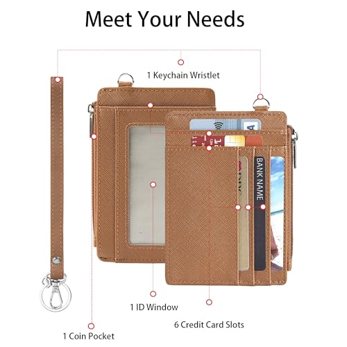 SEAVILIA Small Wallet for Women Slim Wristlet Keychain Wallets RFID Credit Card Holder With Zipper Pocket, ID Window (Brown) - color: Brown