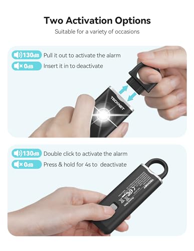 TECKNET Rechargeable Personal Safety Alarm for Women, 130dB Self Defense Keychain Alarms with SOS Strobe Light, Low Battery Notice, Personal Alarm Loud Siren Safety Keychain for Girls Kids Elderly - color: Black