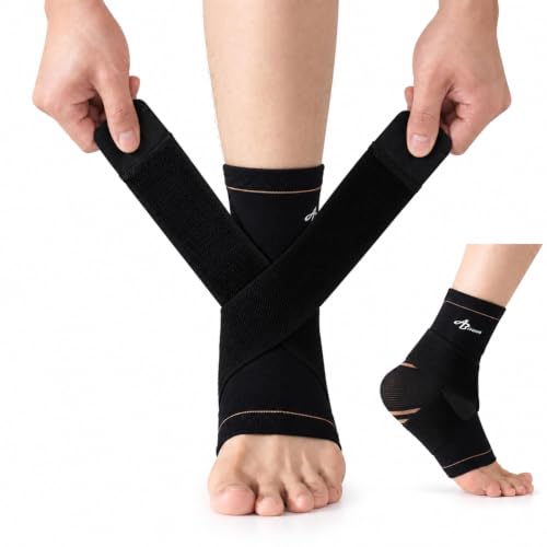 ABIRAM Copper-Infused Ankle Brace Compression Sleeve with Adjustable Strap - color: Copper Black, size: Small