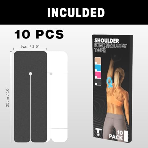 Kinesiology Tape for Shoulder | Waterproof, Sticks 7 Days, Precut Synthetic Material | K Tape for Shoulder Pain Relief & Support - Knees, Lower Back Pain, & Achilese (10 PCS | Black) - color: Black