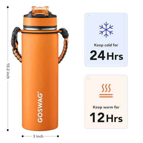 GOSWAG 24oz Insulated Stainless Steel Travel Water Bottle, 2 Lids - color: Matte Orange