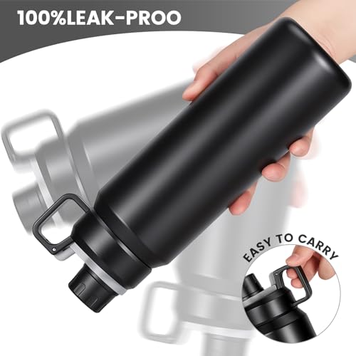 30oz Black Insulated Water Bottle with Carry Handle for Gym & Commute - color: Black