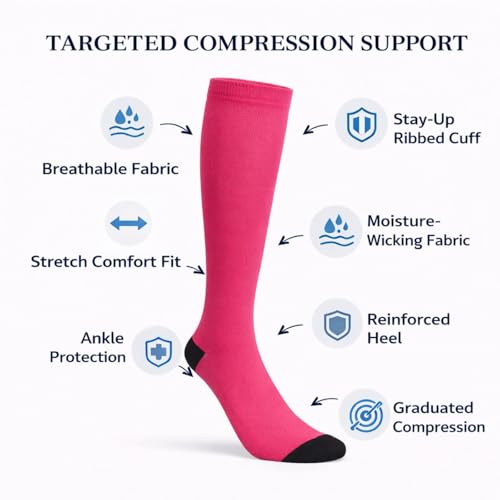 Diamond Star 6 Pairs Compression Socks for Men & Women, Knee High Socks - color: 6 Pairs Magenta