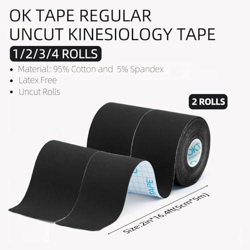 OK TAPE Kinesiology Tape (2 Pack) Latex Free Cotton Uncut 2in x 16.4ft - color: Black, size: 2 Rolls
