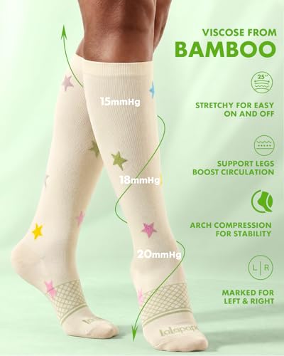 Bamboo Viscose Compression Socks for Women - color: Pastel Bow Stars, size: Large-X-Large