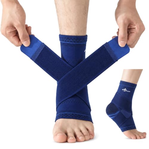 ABIRAM Ankle Brace Compression Sleeve with Adjustable Support Strap - color: Blue, size: Small