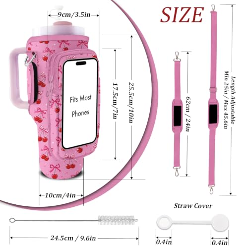 Water Bottle Carrier Bag for Stanley 40/30oz Cup Tumbler with Phone Pocket,Insulated Crossbody Water Bottle Holder with Adjustable Strap,Water Bottle Sling Pouch for Hiking Walking Camping Accessories - color: Pink Cherry Bow