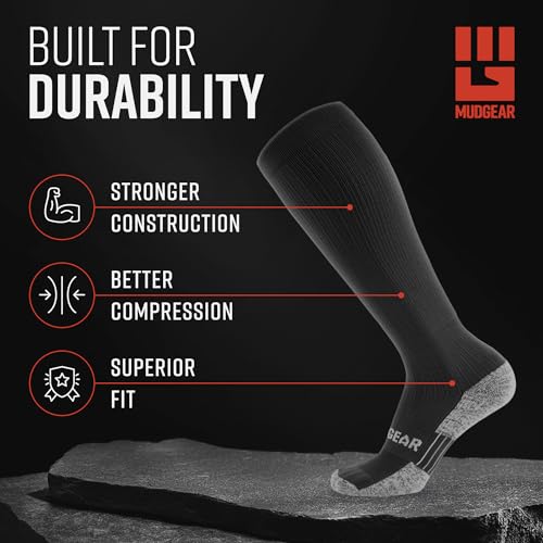 MudGear Graduated Compression Socks, Durable, Sweat-Resistant OCR Performance Socks with Cushioned Footbed, Made in USA - color: All Black, size: Medium