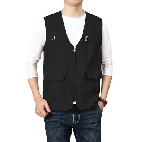 PRIJOUHE Mens Casual Cotton Vest Lightweight Outdoor Fishing Utility Vest - color: 04-black, size: XX-Large