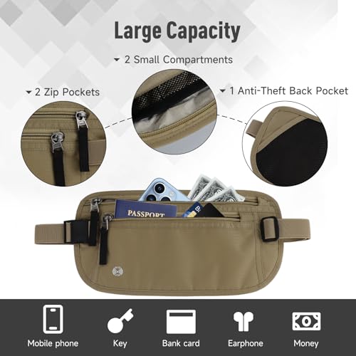 FuninCrea Waterproof Hidden Money Belt for Travel, Anti-Theft Belt Bag with RFID Blocking Function Adjustable Slim Waist Bag with 2 Zipper Pockets and 1 Back Pocket for Travel Running (Style 2, Khaki) - color: Style 2, Khaki