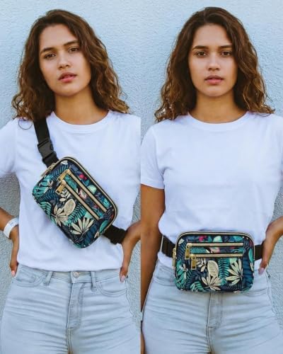 Fanny Packs for Women cross body bags, Waist Pack with Adjustable Strap - color: B-Blue Leaves, size: Double Layer